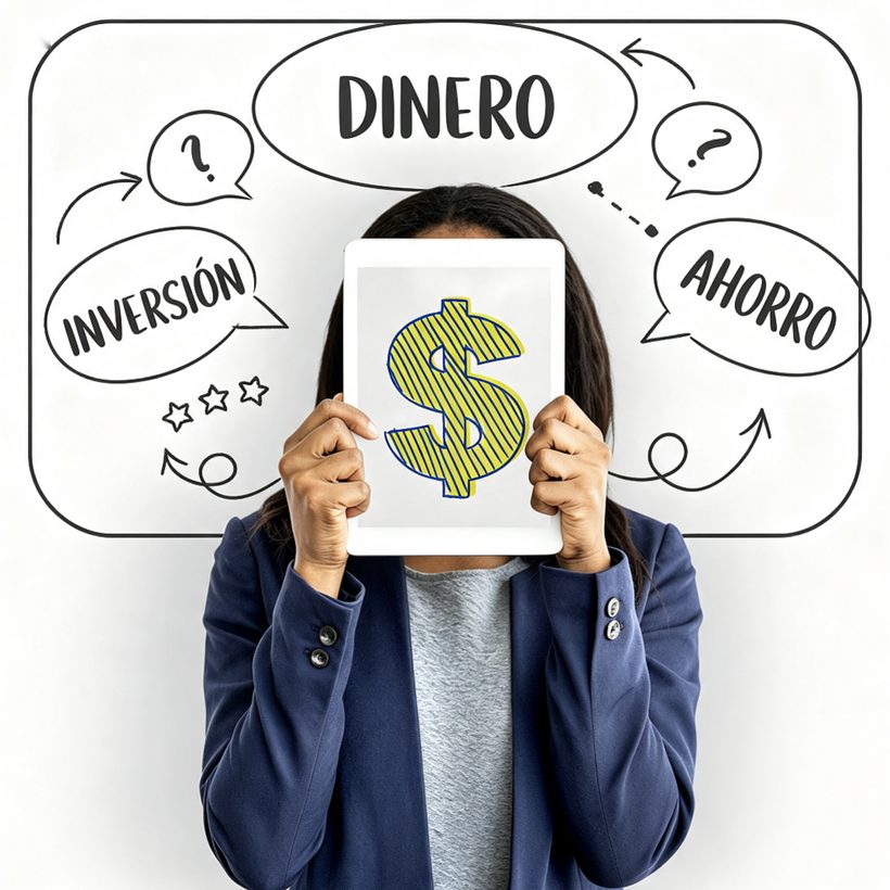 Persona sosteniendo una tableta con un signo de pesos, rodeada de preguntas sobre dinero, inversión y ahorro