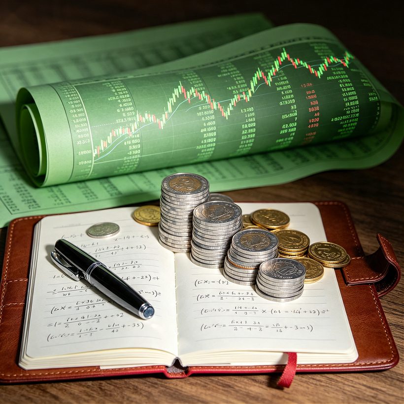 Libreta con cuentas a mano, monedas apiladas y un informe de mercado
